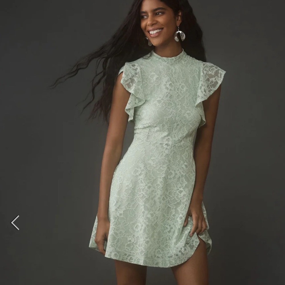 Maeve Anthropologie Green Floral Lace Flutter Sleeves Mock-Neck Mini Dress NWT S